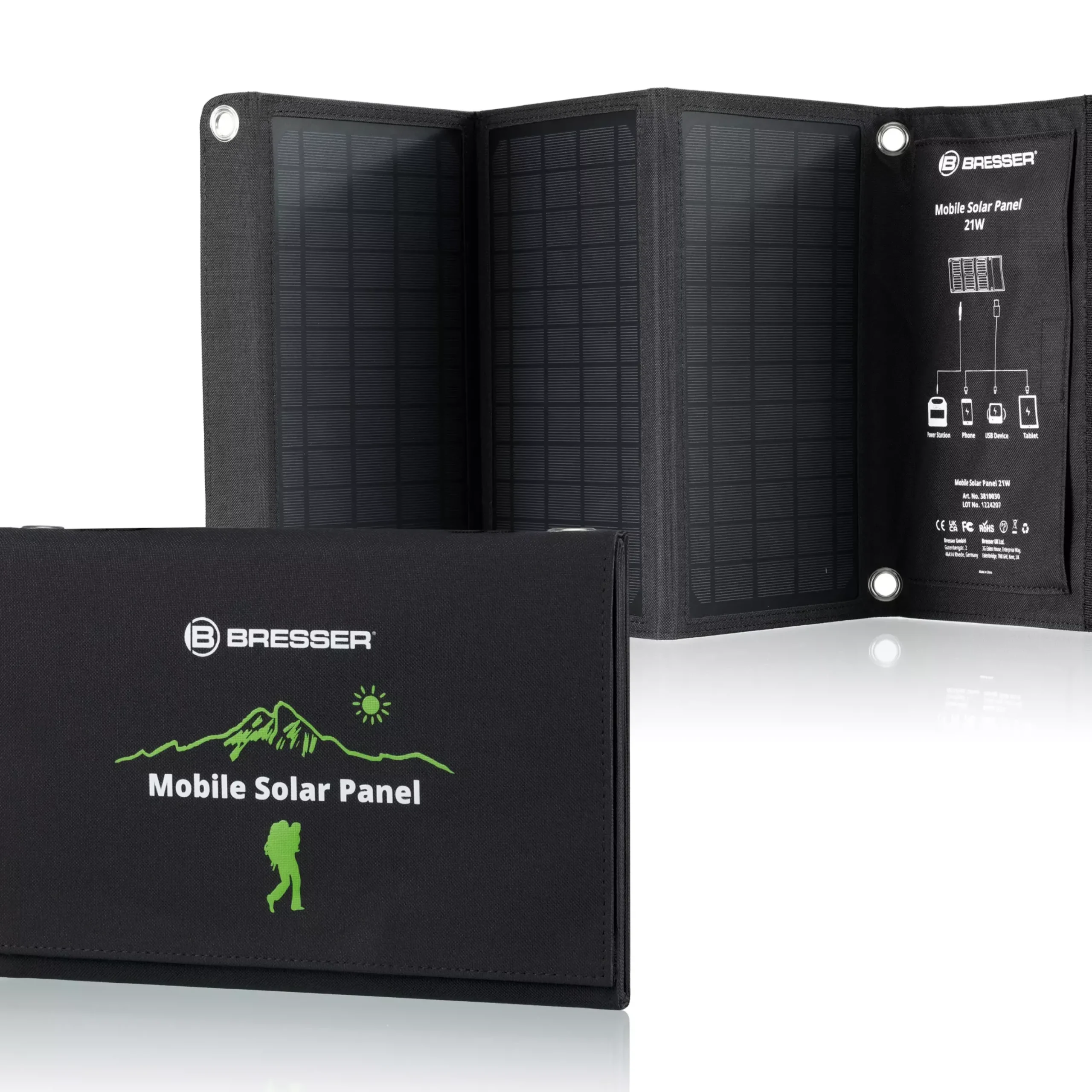 Mobiles Solar-Ladegerät 21 Watt mit USB- u. DC-Anschluss>Bresser Shop