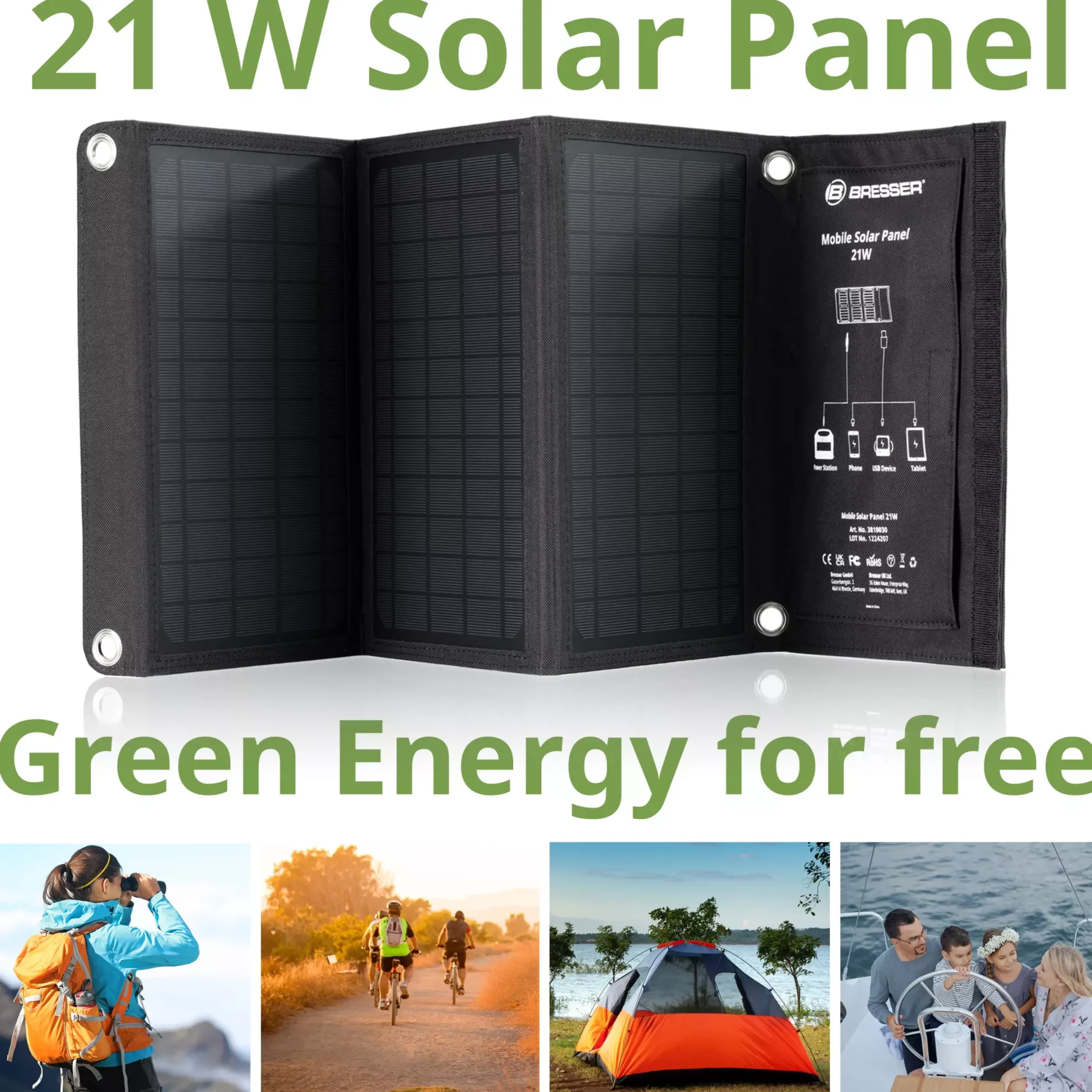 Mobiles Solar-Ladegerät 21 Watt mit USB- u. DC-Anschluss>Bresser Shop