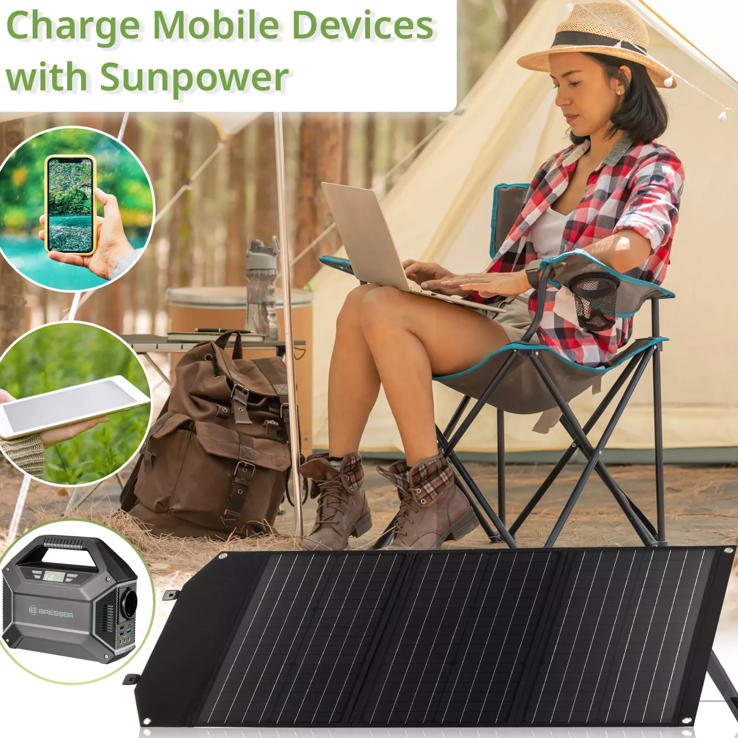 Mobiles Solar-Ladegerät 60 Watt mit USB- u. DC-Anschluss>Bresser Discount