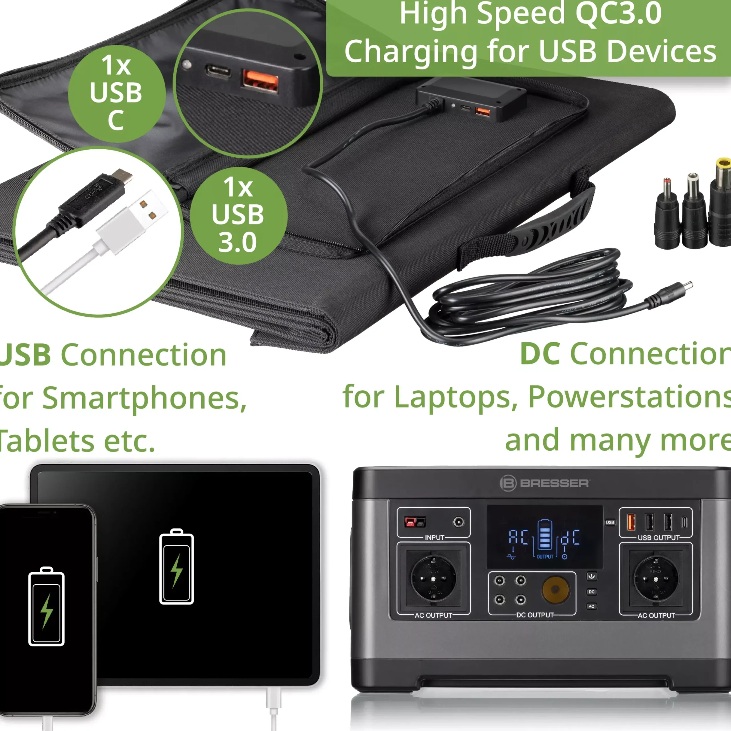 Mobiles Solar-Ladegerät 120 Watt mit USB- u. DC-Anschluss>Bresser Discount